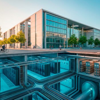 Modern overheidsgebouw met daaronder zichtbaar netwerk van servers, kabels en infrastructuur onder het fundament.