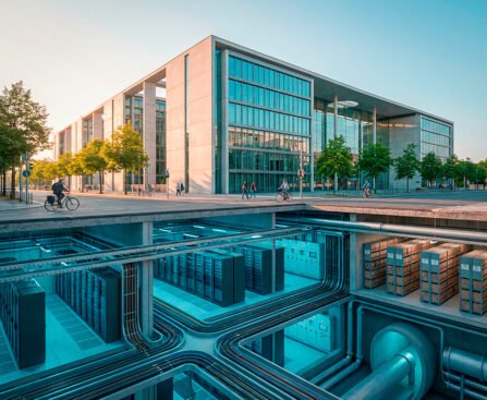 Modern overheidsgebouw met daaronder zichtbaar netwerk van servers, kabels en infrastructuur onder het fundament.