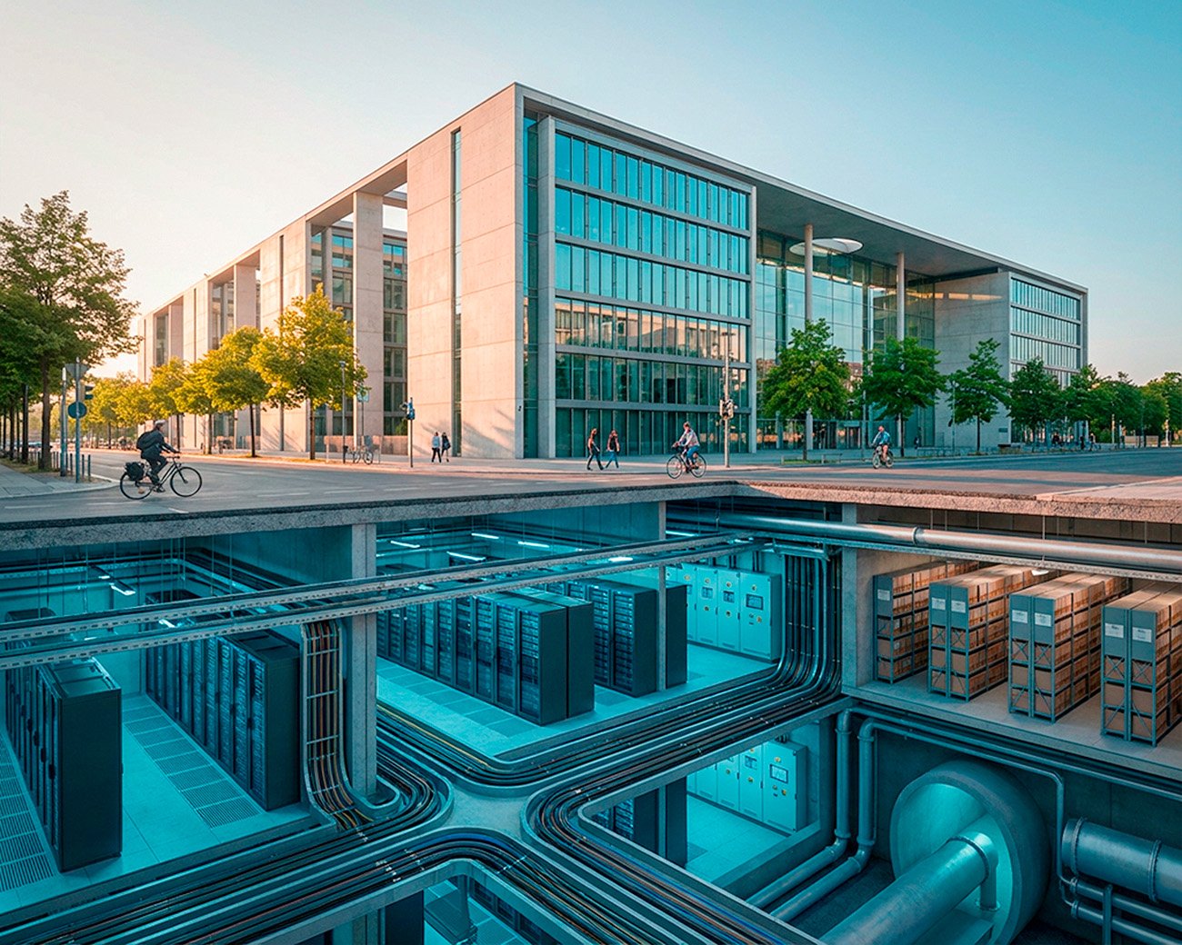 Modern overheidsgebouw met daaronder zichtbaar netwerk van servers, kabels en infrastructuur onder het fundament.
