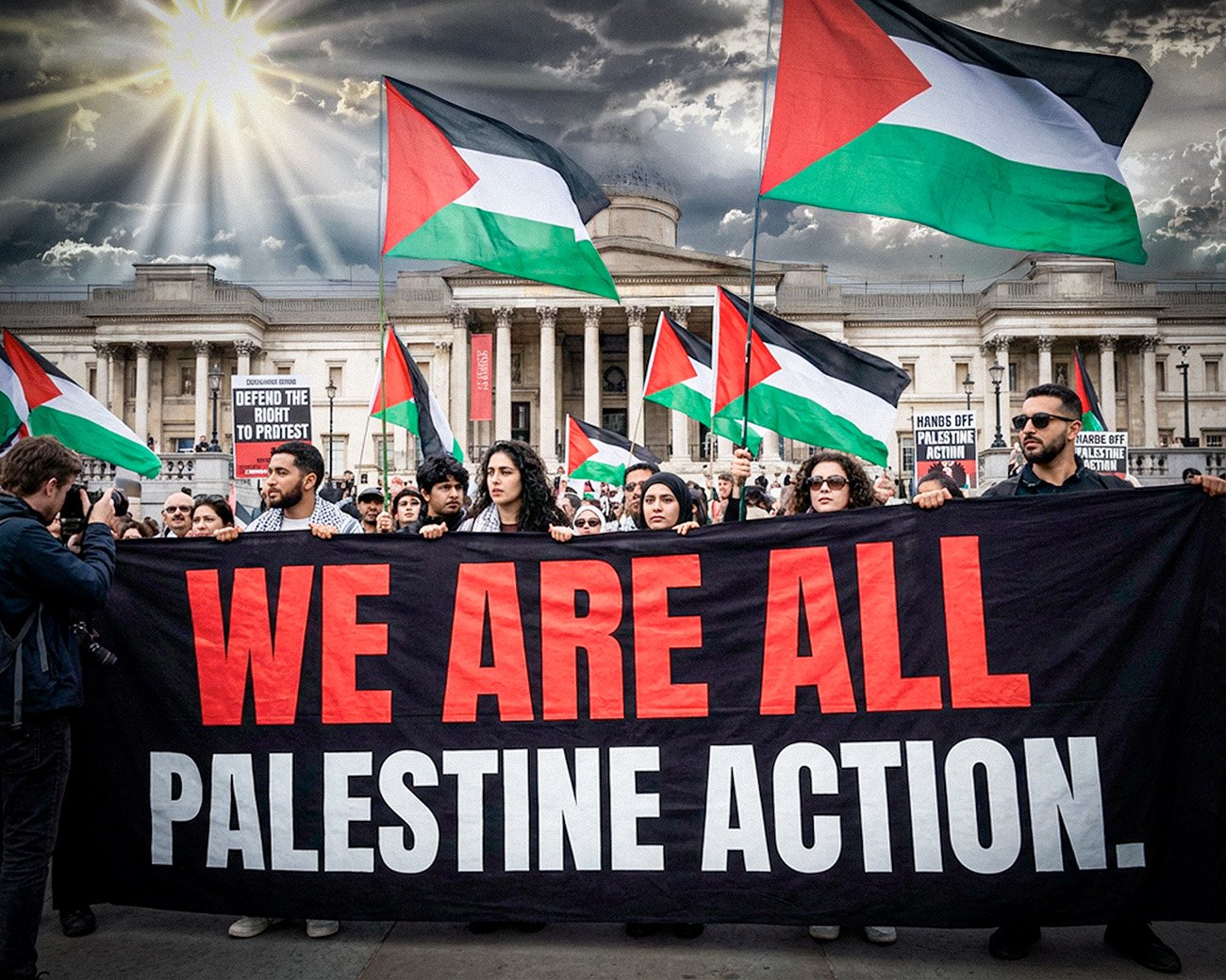 Demonstranten in Londen houden een spandoek met “We Are All Palestine Action” voor de National Gallery, met Palestijnse vlaggen en borden over het recht op protest.
