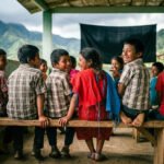 Rij inheemse kinderen zittend op een houten bank in een open gemeenschapsgebouw in Chiapas, met bergen op de achtergrond