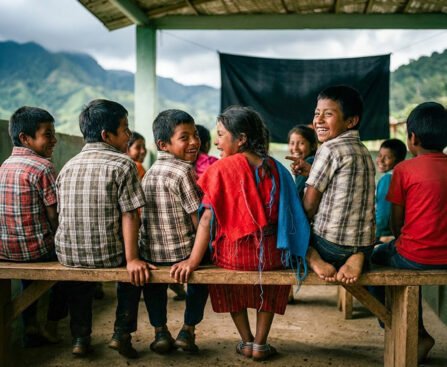 Rij inheemse kinderen zittend op een houten bank in een open gemeenschapsgebouw in Chiapas, met bergen op de achtergrond
