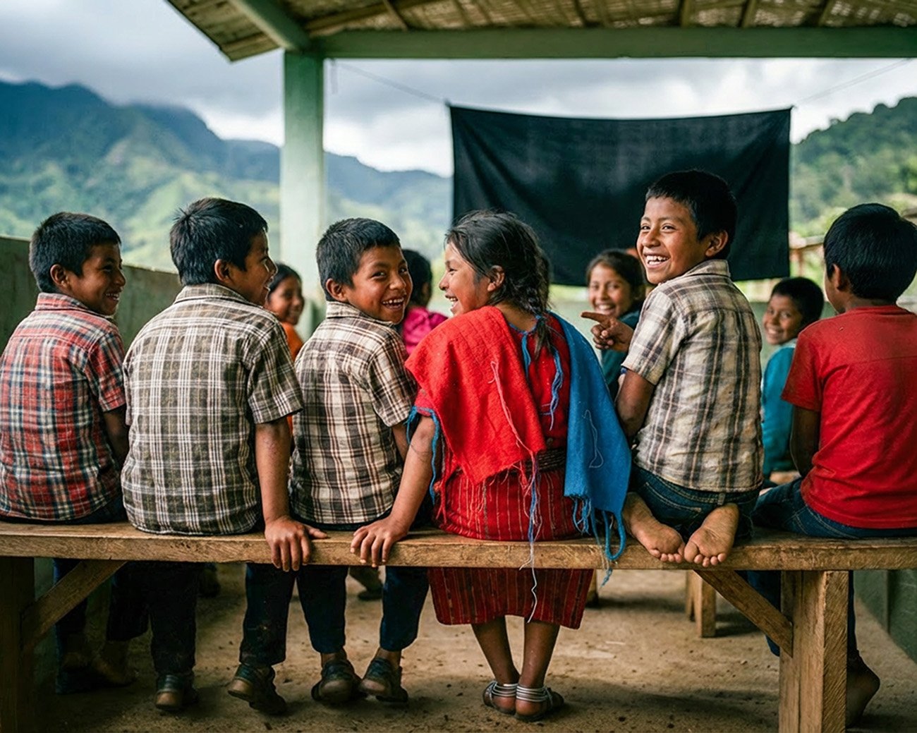 Rij inheemse kinderen zittend op een houten bank in een open gemeenschapsgebouw in Chiapas, met bergen op de achtergrond