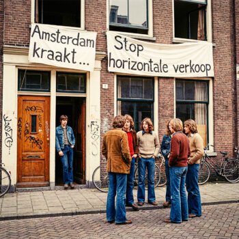 Jonge activisten staan voor een Amsterdams woonhuis met spandoeken “Amsterdam kraakt” en “Stop horizontale verkoop”, symbool van de kraakbeweging en de strijd om betaalbare huisvesting.