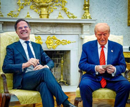 Twee politieke leiders in gesprek in een rijk versierde regeringsruimte, symbool voor Europese afhankelijkheid en Amerikaanse macht