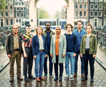 Groep verschillende Amsterdammers staat samen op een brug in Amsterdam, met grachtenpanden, fietsen en een tram op de achtergrond.