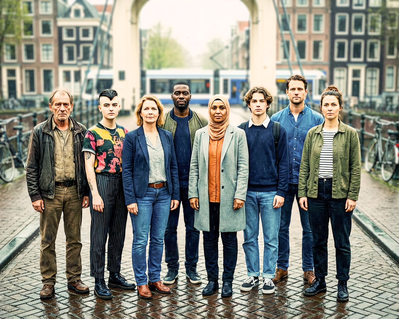 Groep verschillende Amsterdammers staat samen op een brug in Amsterdam, met grachtenpanden, fietsen en een tram op de achtergrond.