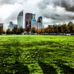 Het Malieveld in Den Haag met de skyline van ministeries en kantoren onder een dreigende lucht