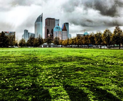 Het Malieveld in Den Haag met de skyline van ministeries en kantoren onder een dreigende lucht