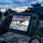 Handen in militaire handschoenen houden een dronecontroller met thermisch beeld en doelmarkeringen tijdens een veldoperatie.