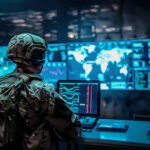 Militair in een commandocentrum kijkt naar grote schermen met wereldkaart en operationele gegevens