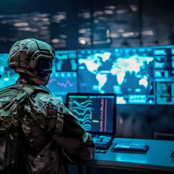 Militair in een commandocentrum kijkt naar grote schermen met wereldkaart en operationele gegevens
