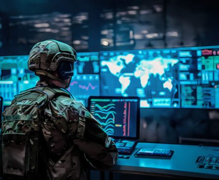 Militair in een commandocentrum kijkt naar grote schermen met wereldkaart en operationele gegevens