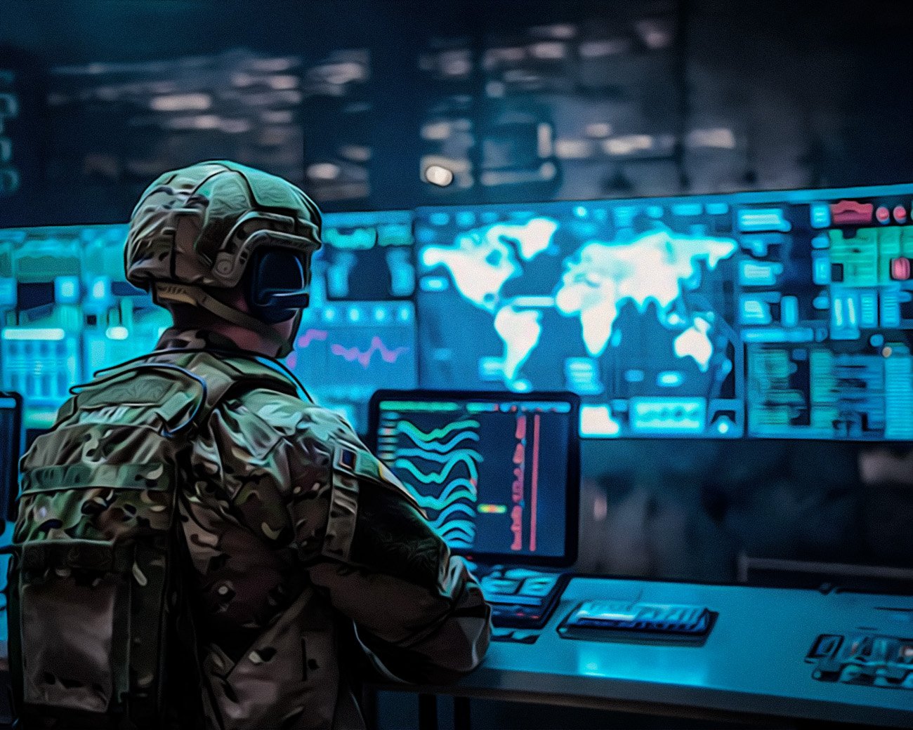 Militair in een commandocentrum kijkt naar grote schermen met wereldkaart en operationele gegevens