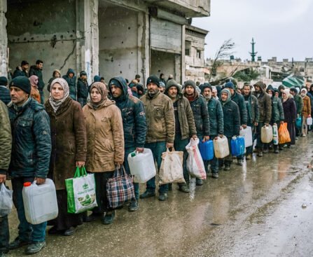 Burgers staan in een lange rij met jerrycans en tassen om water en voedsel te halen in een zwaar beschadigde stad.