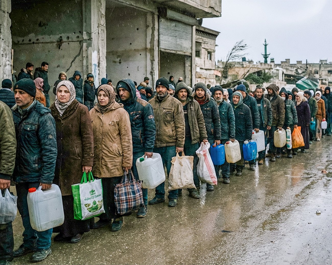 Burgers staan in een lange rij met jerrycans en tassen om water en voedsel te halen in een zwaar beschadigde stad.