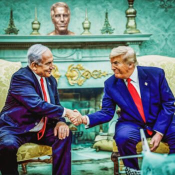 Benjamin Netanyahu en Donald Trump schudden elkaar de hand tijdens een ontmoeting in het Witte Huis.