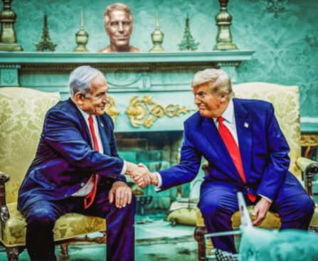 Benjamin Netanyahu en Donald Trump schudden elkaar de hand tijdens een ontmoeting in het Witte Huis.