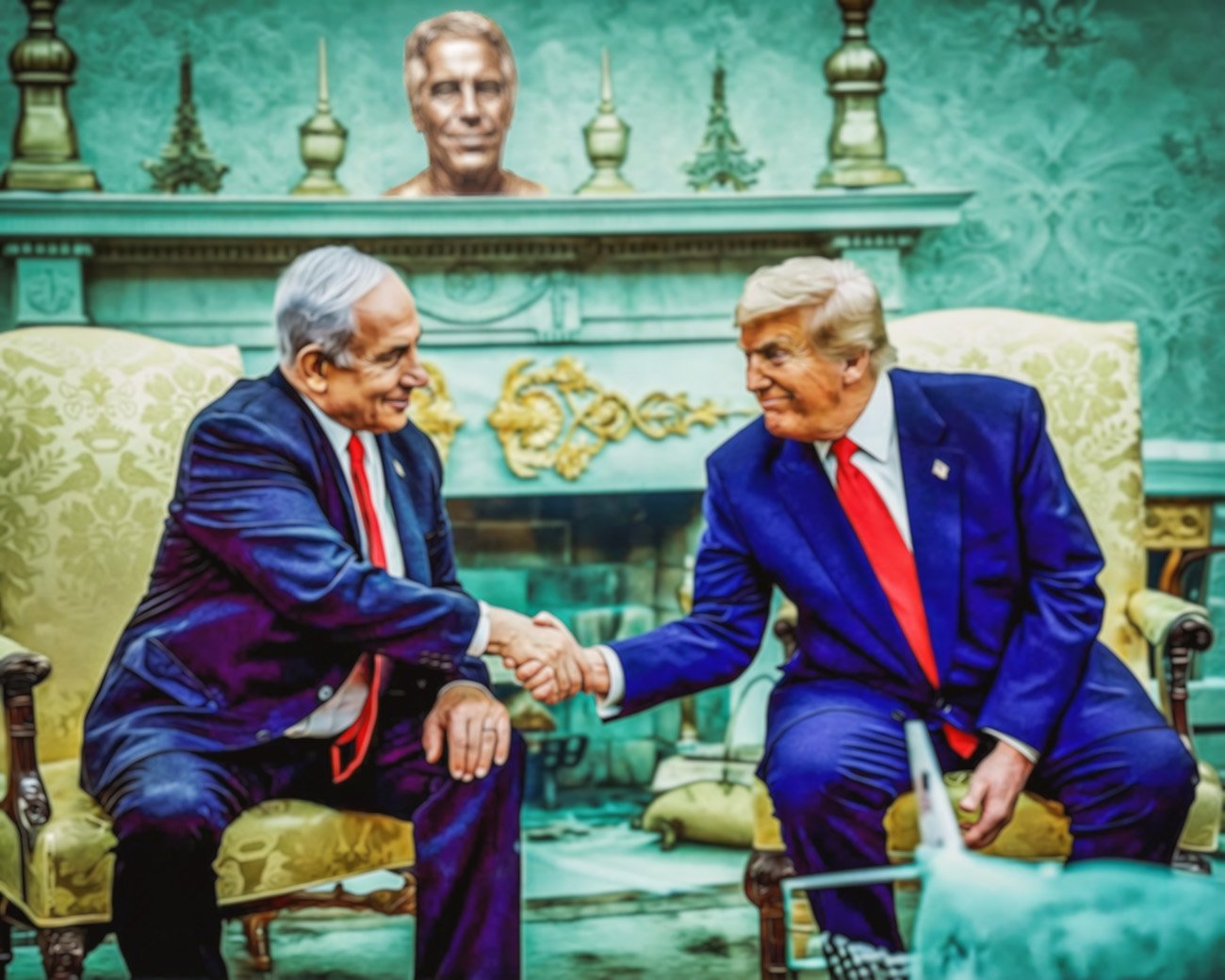 Benjamin Netanyahu en Donald Trump schudden elkaar de hand tijdens een ontmoeting in het Witte Huis.