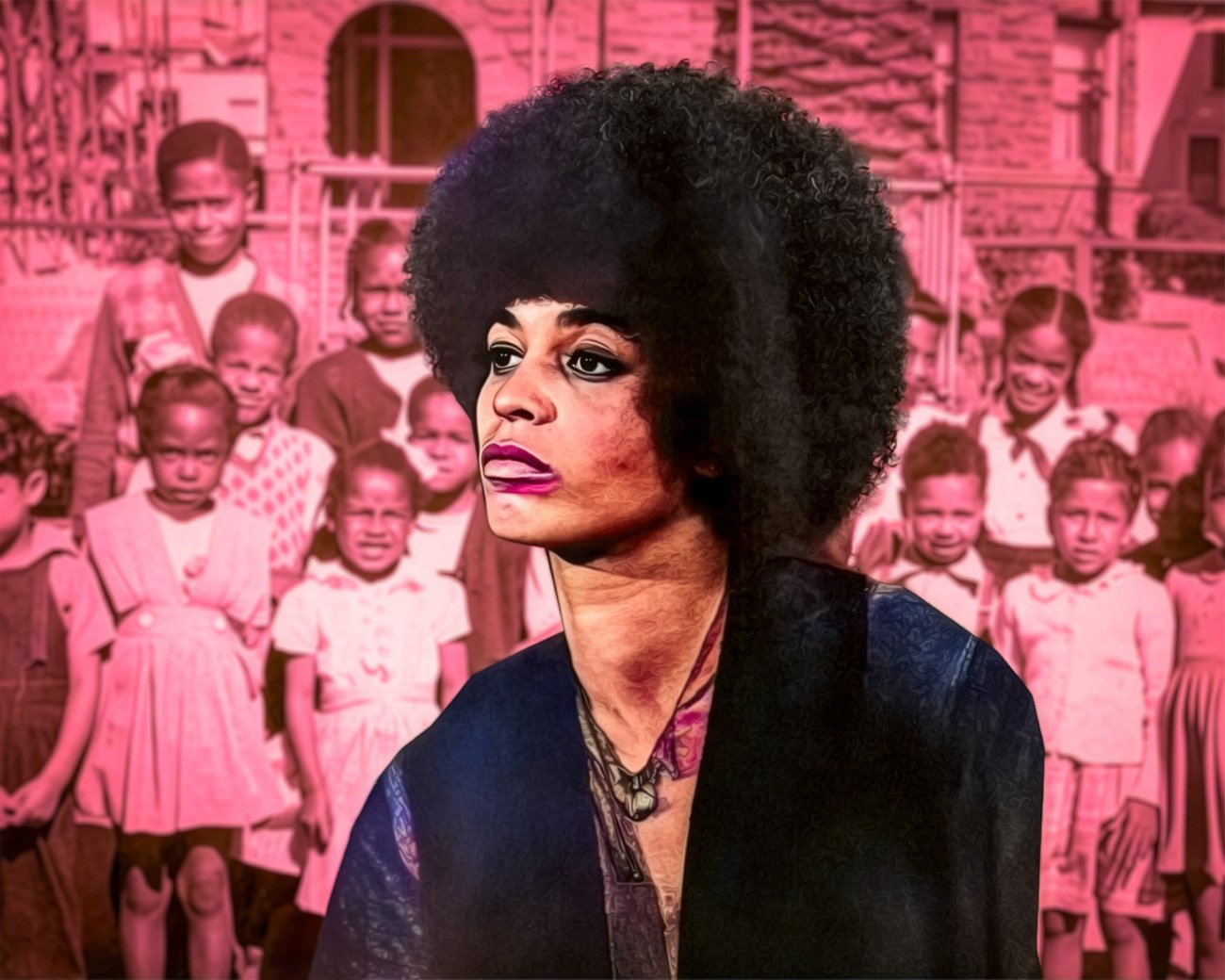 Portret van Angela Davis voor een achtergrond met zwarte kinderen, bij een essay over abortus, anticonceptie, eugenetica en reproductive justice.