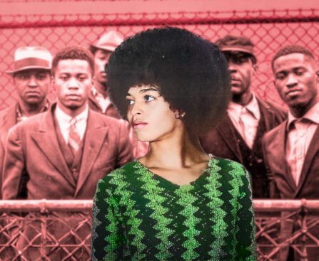 Beeld bij een essay over Angela Davis, seksueel geweld, racisme en strafmacht, met een zwarte vrouw op de voorgrond en zwarte mannen op de achtergrond.