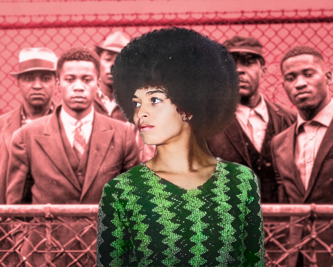 Beeld bij een essay over Angela Davis, seksueel geweld, racisme en strafmacht, met een zwarte vrouw op de voorgrond en zwarte mannen op de achtergrond.