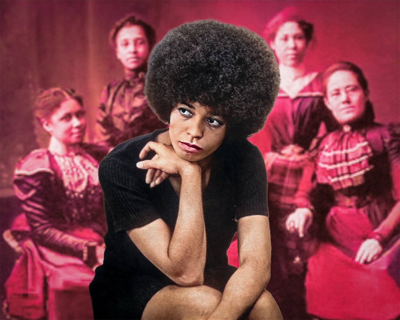 Vrouw op de voorgrond met op de achtergrond een groep vrouwen, gebruikt bij een artikel over Women, Race & Class, wit feminisme, ras en klasse.