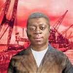 Portret van Ben Fletcher voor een haven met kranen en schepen, als verwijzing naar zijn rol in de organisatie van havenarbeiders in Philadelphia.