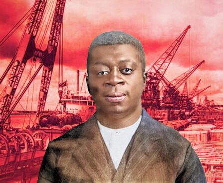 Portret van Ben Fletcher voor een haven met kranen en schepen, als verwijzing naar zijn rol in de organisatie van havenarbeiders in Philadelphia.