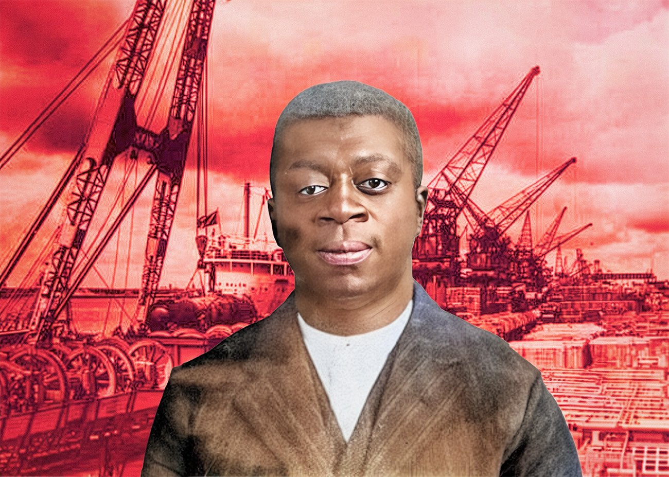 Portret van Ben Fletcher voor een haven met kranen en schepen, als verwijzing naar zijn rol in de organisatie van havenarbeiders in Philadelphia.