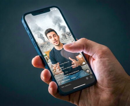 Hand met smartphone waarop een influencer-video te zien is voor beelden van verwoesting en rook, als verbeelding van digitale propaganda rond Israël en Gaza