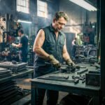 Arbeiders in een fabriekshal symboliseren de discussie over arbeid, vrijheid en solidariteit tussen Kropotkin en Engels.