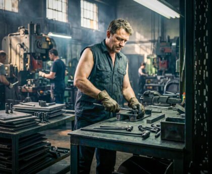 Arbeiders in een fabriekshal symboliseren de discussie over arbeid, vrijheid en solidariteit tussen Kropotkin en Engels.