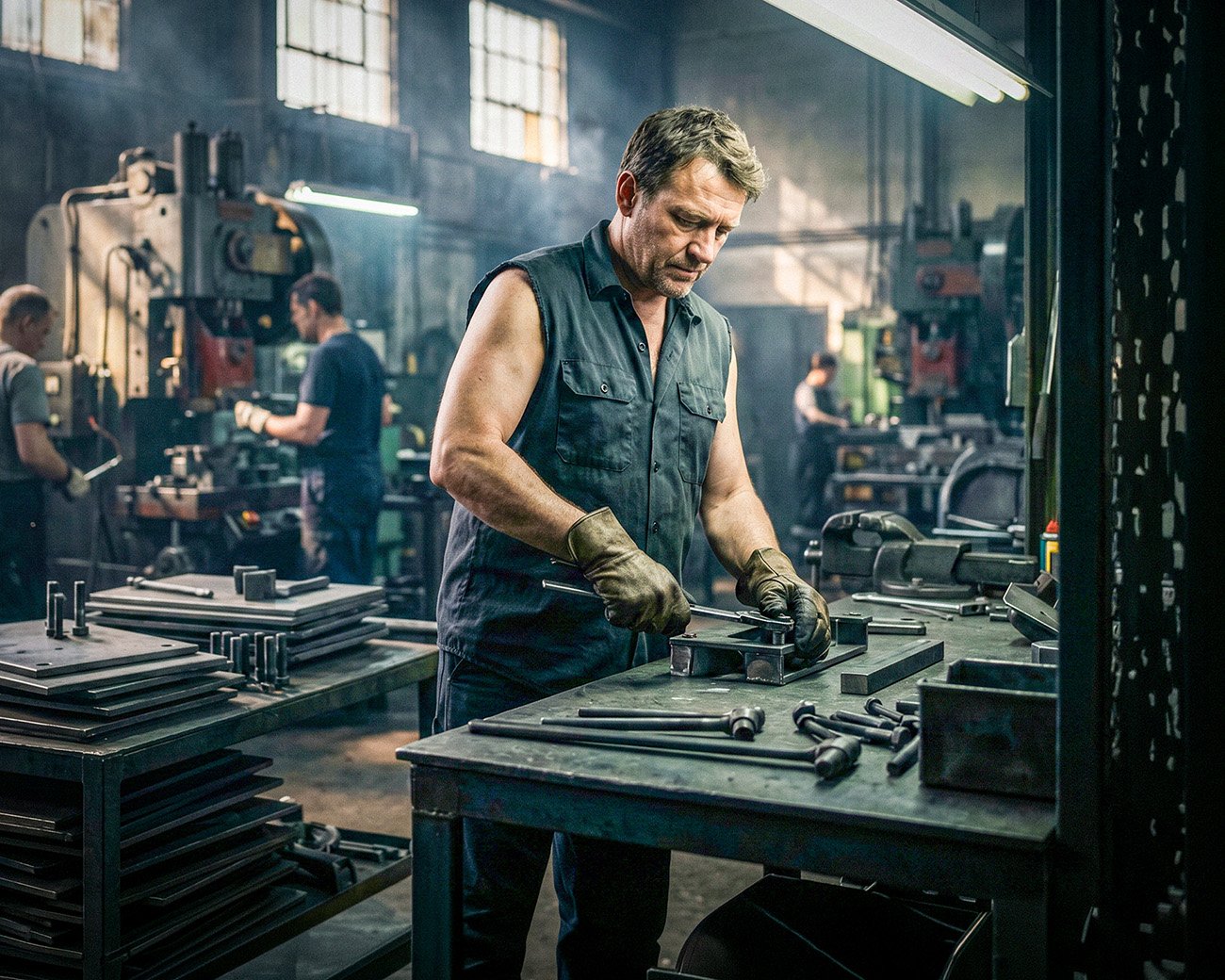 Arbeiders in een fabriekshal symboliseren de discussie over arbeid, vrijheid en solidariteit tussen Kropotkin en Engels.