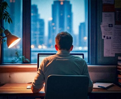 Jonge man zit ’s avonds alleen achter een laptop aan een bureau, met de stad op de achtergrond.