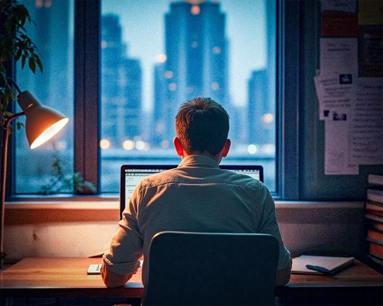 Jonge man zit ’s avonds alleen achter een laptop aan een bureau, met de stad op de achtergrond.