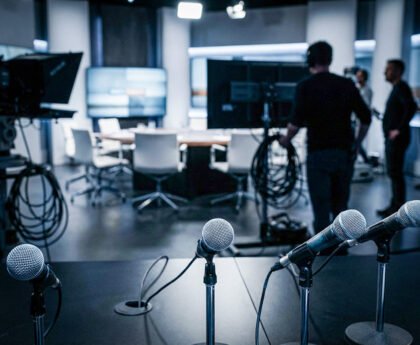 Microfoons op een tafel in een televisiestudio, met op de achtergrond een debatset en studiopersoneel.