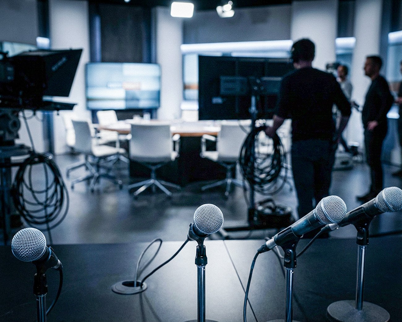 Microfoons op een tafel in een televisiestudio, met op de achtergrond een debatset en studiopersoneel.