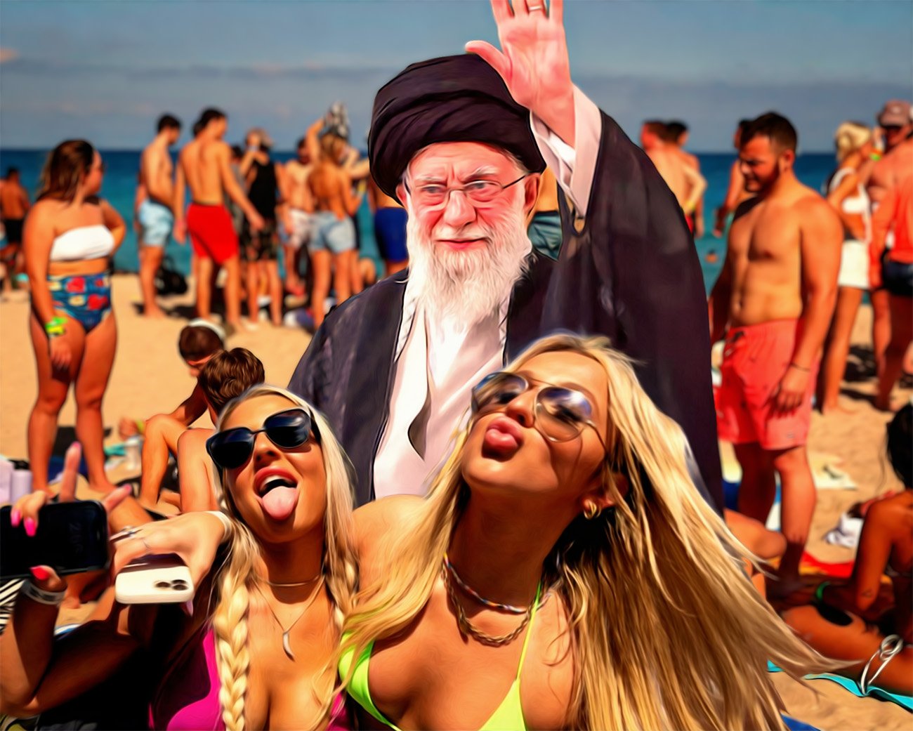 Religieuze leider tussen feestende jongeren op een strand als beeld bij een essay over Amerikaanse onwetendheid, oorlog en imperialisme.