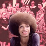 Portret van Angela Davis voor een historische groepsfoto van een witte vrouwenclub, gebruikt bij een essay over het verschil tussen witte en zwarte vrouwenclubs in de Verenigde Staten.