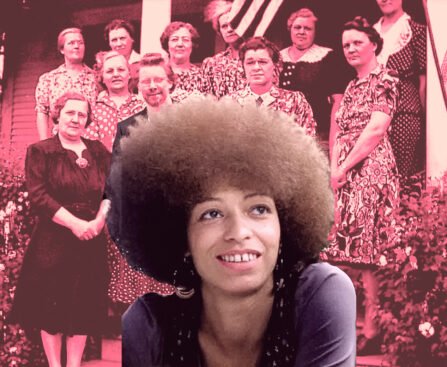 Portret van Angela Davis voor een historische groepsfoto van een witte vrouwenclub, gebruikt bij een essay over het verschil tussen witte en zwarte vrouwenclubs in de Verenigde Staten.