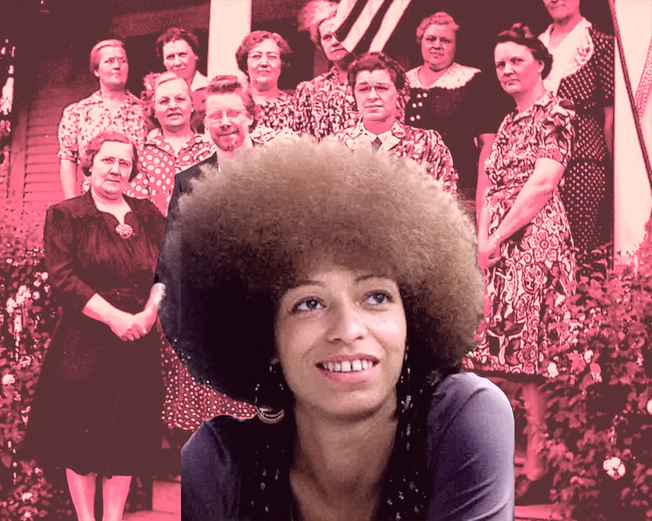 Portret van Angela Davis voor een historische groepsfoto van een witte vrouwenclub, gebruikt bij een essay over het verschil tussen witte en zwarte vrouwenclubs in de Verenigde Staten.