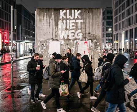 Mensen lopen langs een natte stadsstraat terwijl op een betonnen muur “Kijk niet weg” staat.
