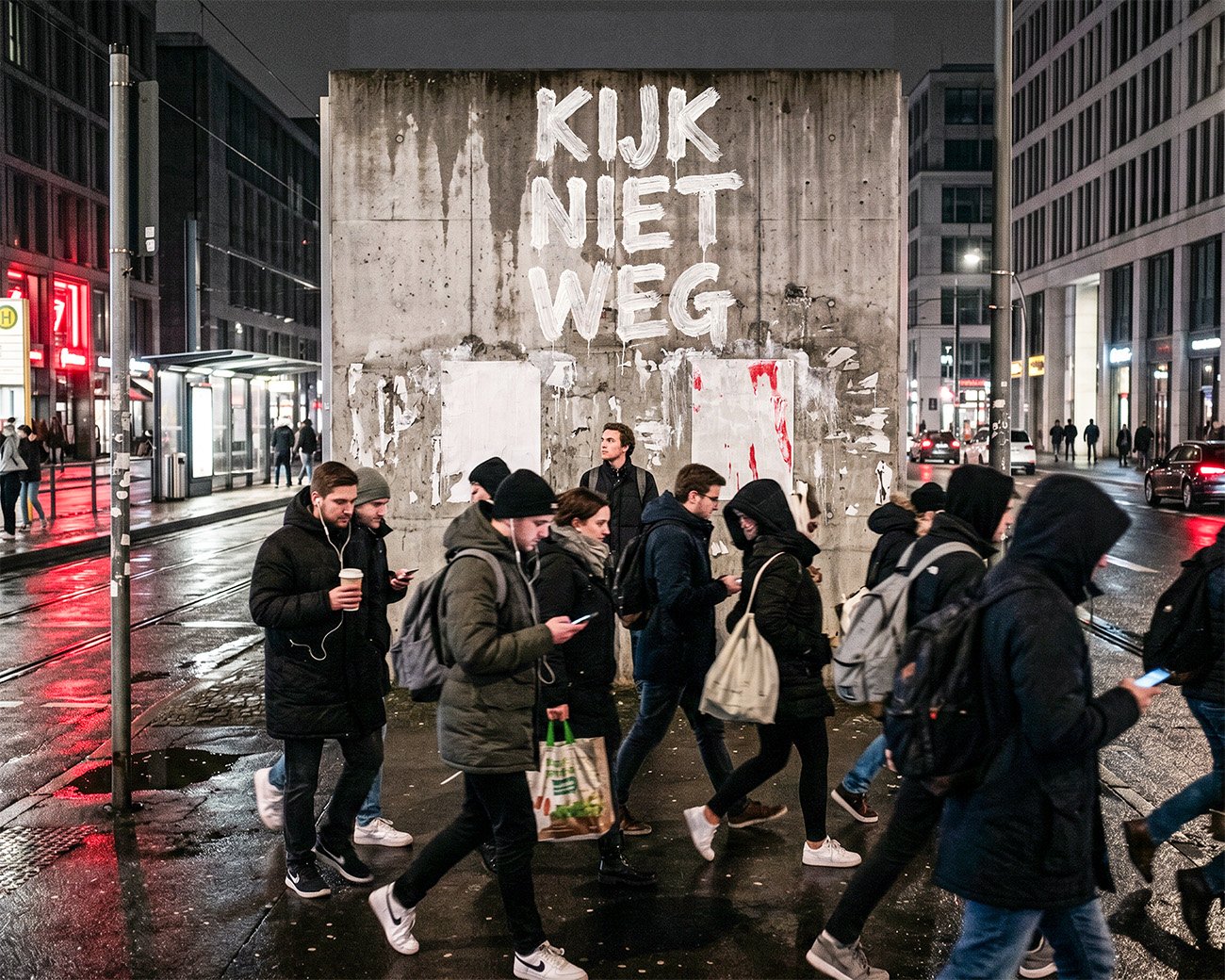 Mensen lopen langs een natte stadsstraat terwijl op een betonnen muur “Kijk niet weg” staat.
