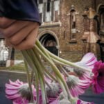 Hand met roze bloemen voor de Saint-Amé-kerk in Liévin, waar de mijnwerkersramp van 1974 wordt herdacht.