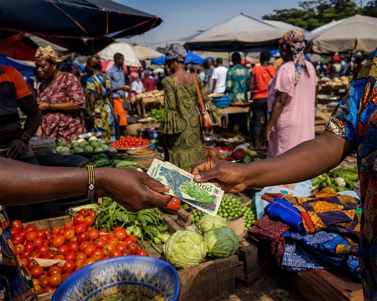 Handen wisselen CFA-frankbiljetten uit op een Afrikaanse markt, tussen groente, stoffen en marktkramen.
