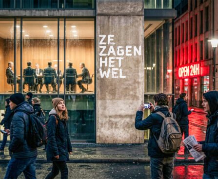 Mensen lopen langs een glazen vergaderruimte terwijl op een betonnen muur “Ze zagen het wel” staat.