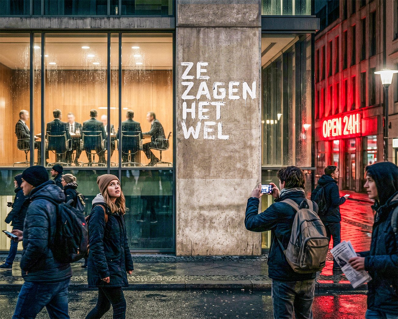 Mensen lopen langs een glazen vergaderruimte terwijl op een betonnen muur “Ze zagen het wel” staat.