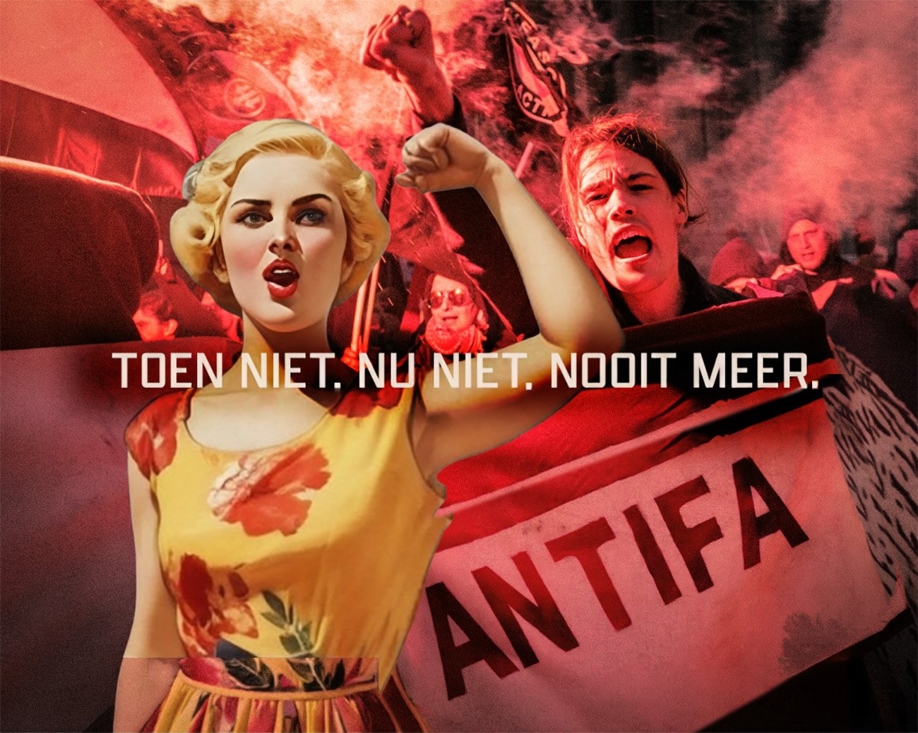 Antifascistische demonstranten met rode rook en een spandoek met de tekst “Toen niet. nu niet. nooit meer.”.