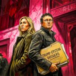 Marjorie Taylor Greene en Thomas Massie staan rug aan rug met een map Trump-Epstein-dossiers voor een donkere ingang van Mar-a-Lago.